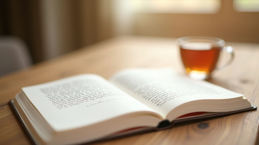 Hands holding a journal with written affirmations on a table with a warm cup of tea, morning light streaming through window