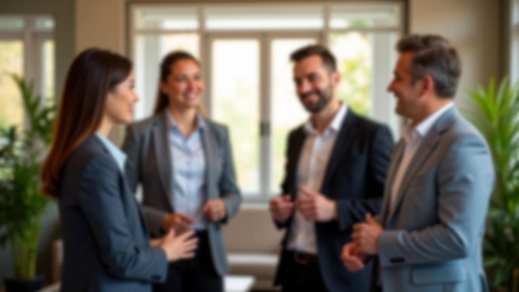 Group of professionals practicing self-introduction techniques at a networking workshop