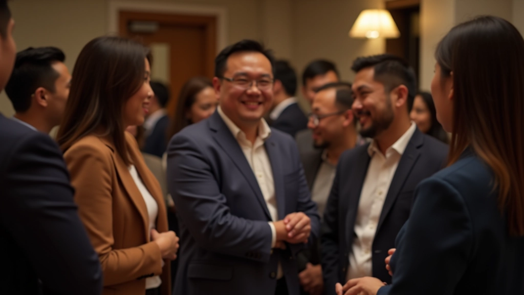Diverse group of professionals networking, making genuine connections with relaxed body language and authentic smiles
