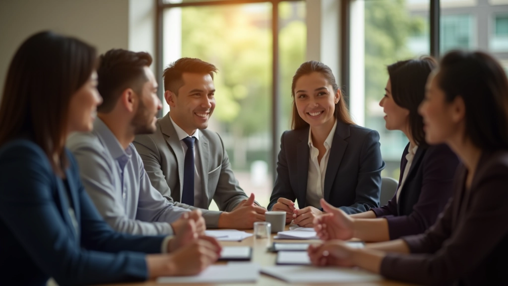 Group of diverse professionals collaborating and discussing ideas at a modern workspace, showing teamwork and supportive interaction