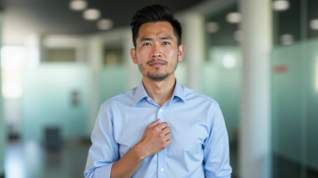 Person looking uncertain while receiving compliment, hand raised in dismissive gesture, office environment, natural lighting