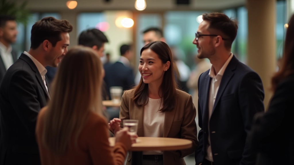 Professional networking event with people having conversations at a modern venue
