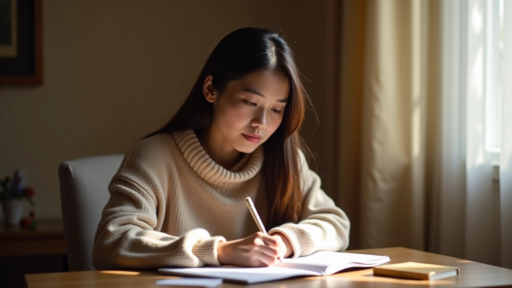 Person writing in a journal with thoughtful expression, reflecting on personal growth and progress in a calm home setting