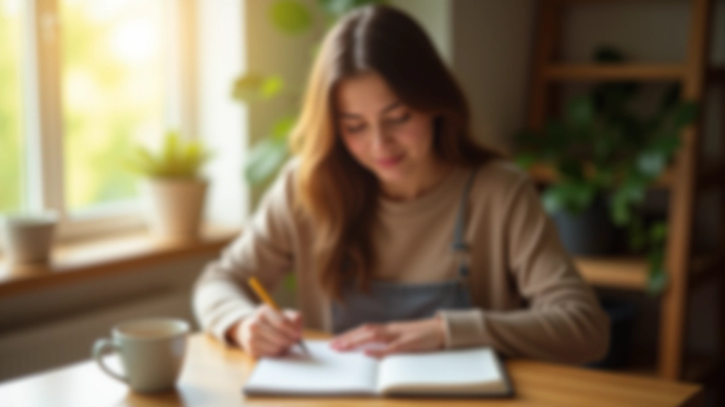Person sitting peacefully in morning sunlight writing in a journal with coffee nearby