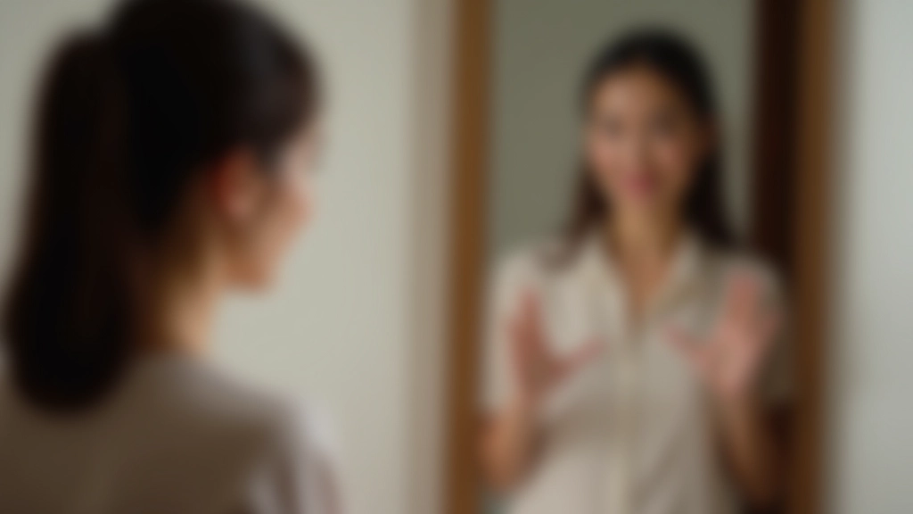 Person practicing self-introduction in front of mirror, observing body language and confidence posture