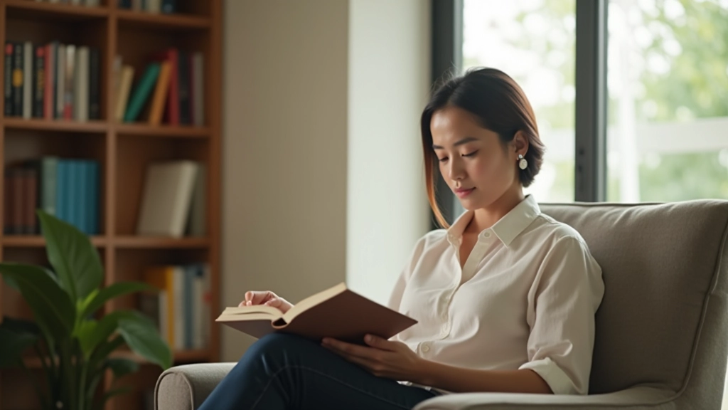 Person reading a book in a bright room with bookshelves in the background, relaxed posture, natural daylight