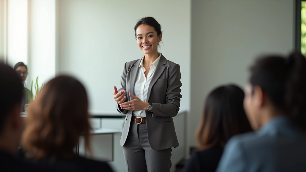 Woman confidently presenting at professional workshop