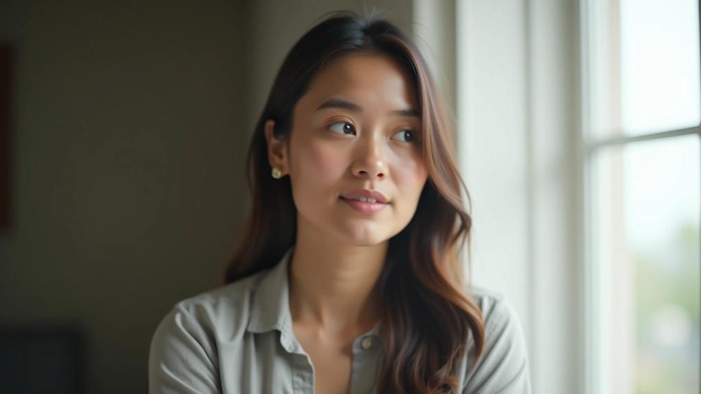 Person looking out a window with a peaceful expression, morning light illuminating their face