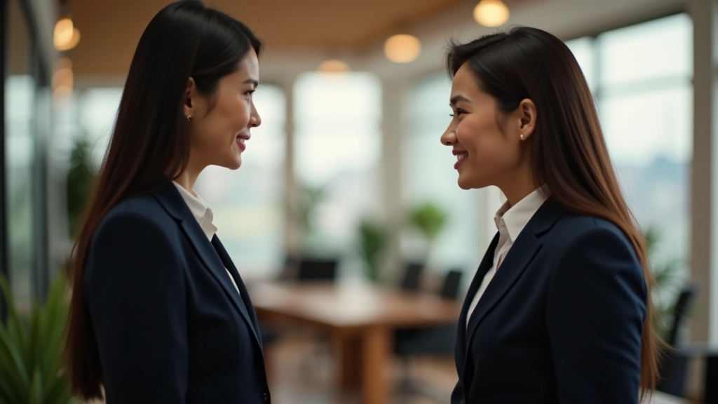 Two colleagues having a confident conversation at a professional event