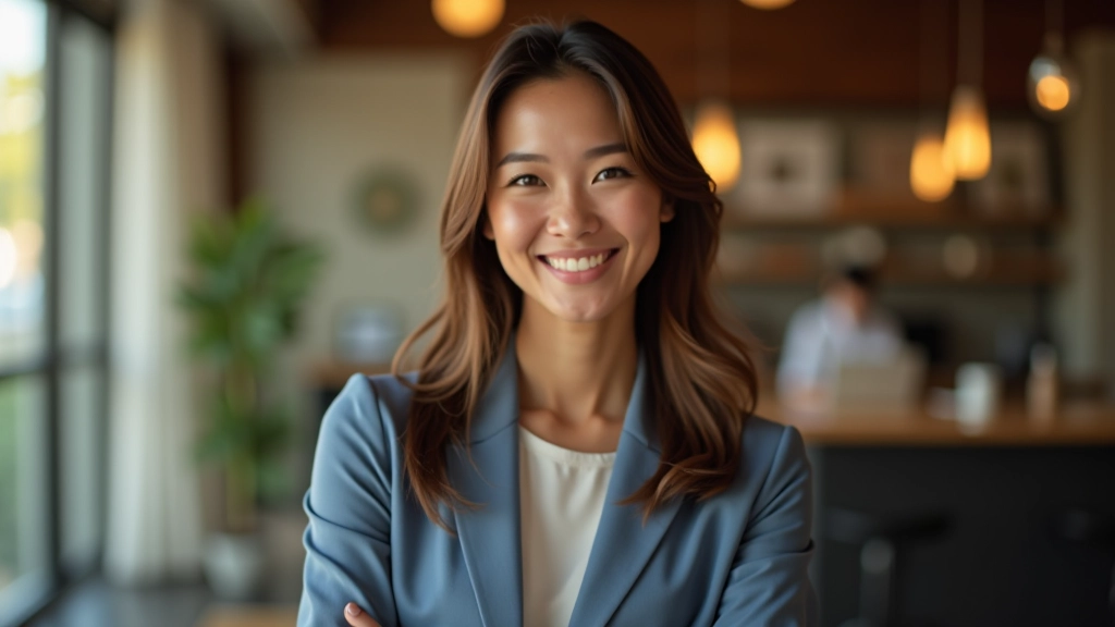 Person smiling genuinely while saying thank you, comfortable confident posture, office setting with warm lighting