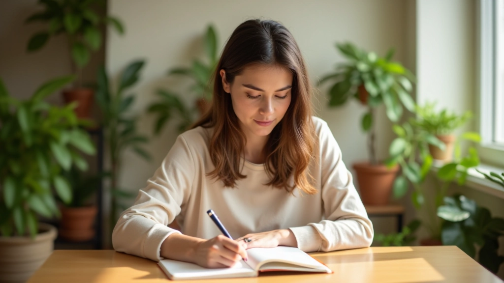 Woman writing affirmations in a notebook at a wooden desk with plants in the background, warm natural lighting