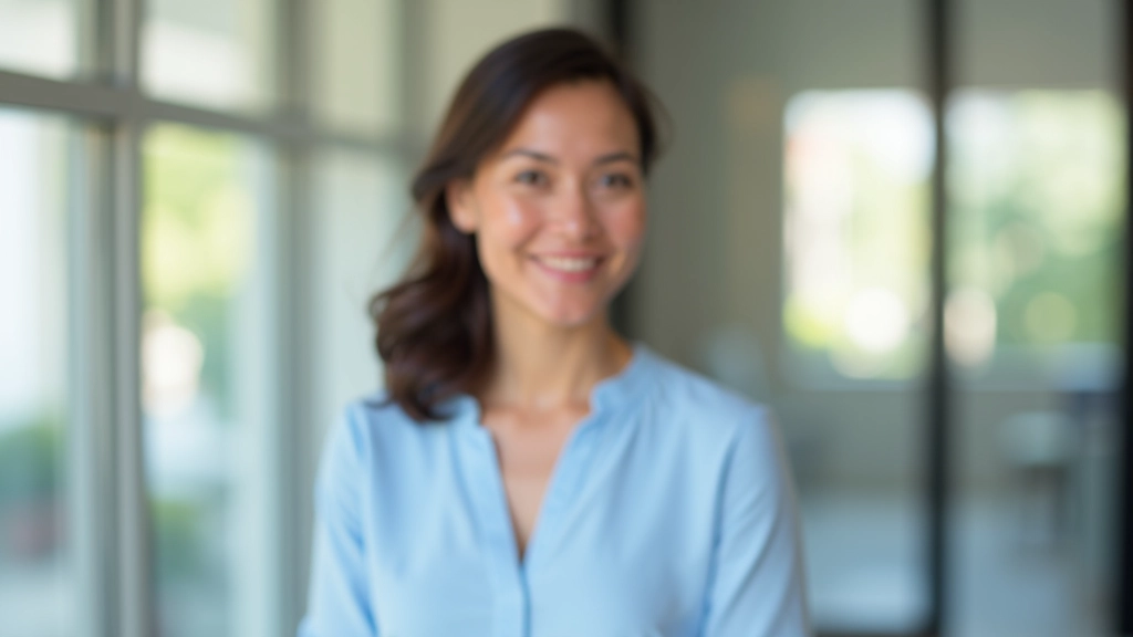Person smiling confidently while speaking to a small group in a bright meeting room, showing self-assured body language and clear eye contact