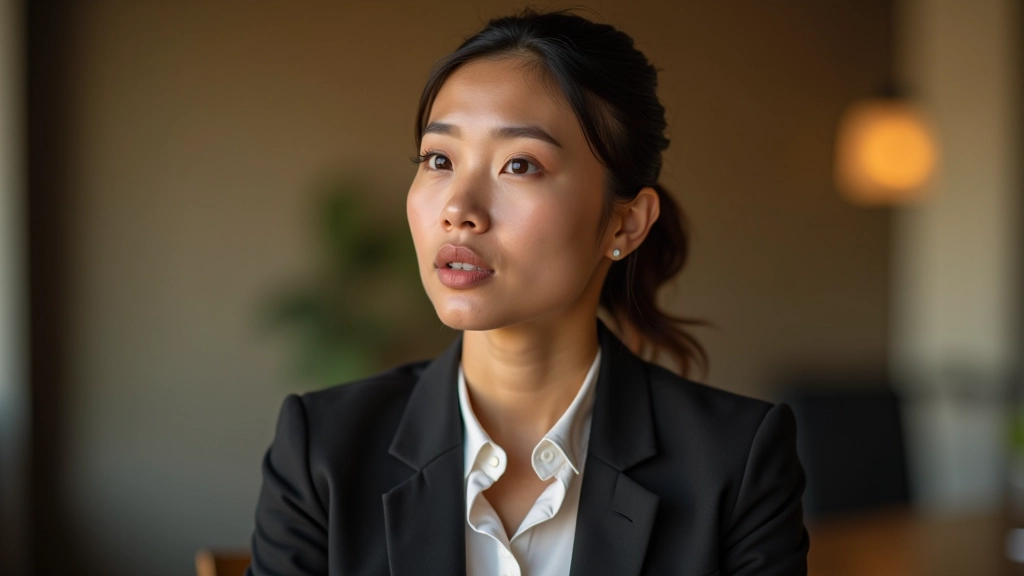 Person listening attentively to positive feedback in a professional setting, calm composed expression, warm office lighting