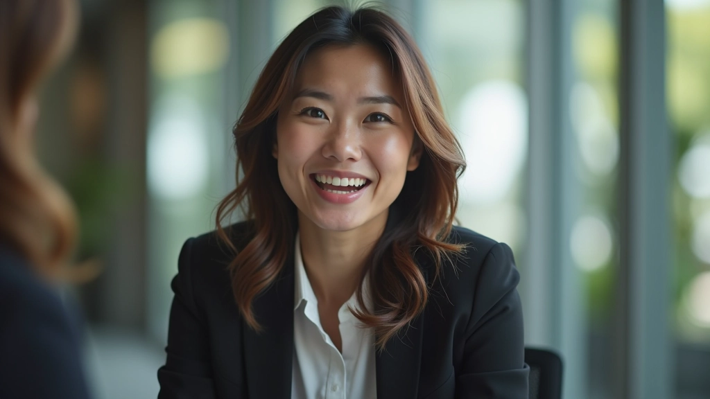 Two professionals in conversation, one speaking animatedly, other listening with genuine interest and slight smile