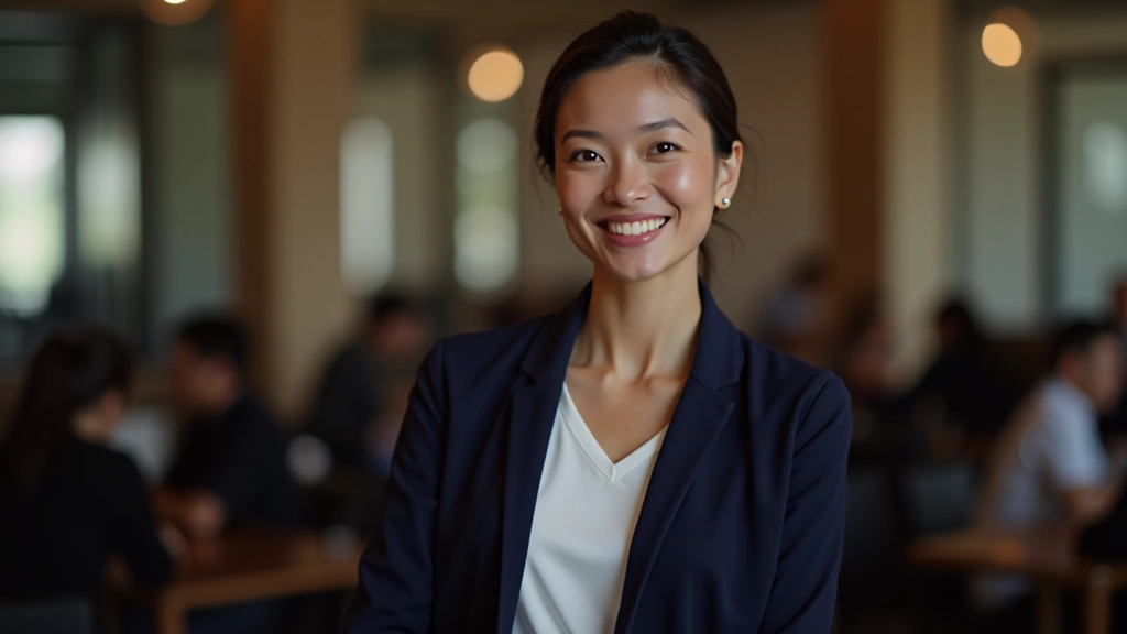 Woman in casual professional attire introducing herself at a networking event, with genuine engagement and clear communication